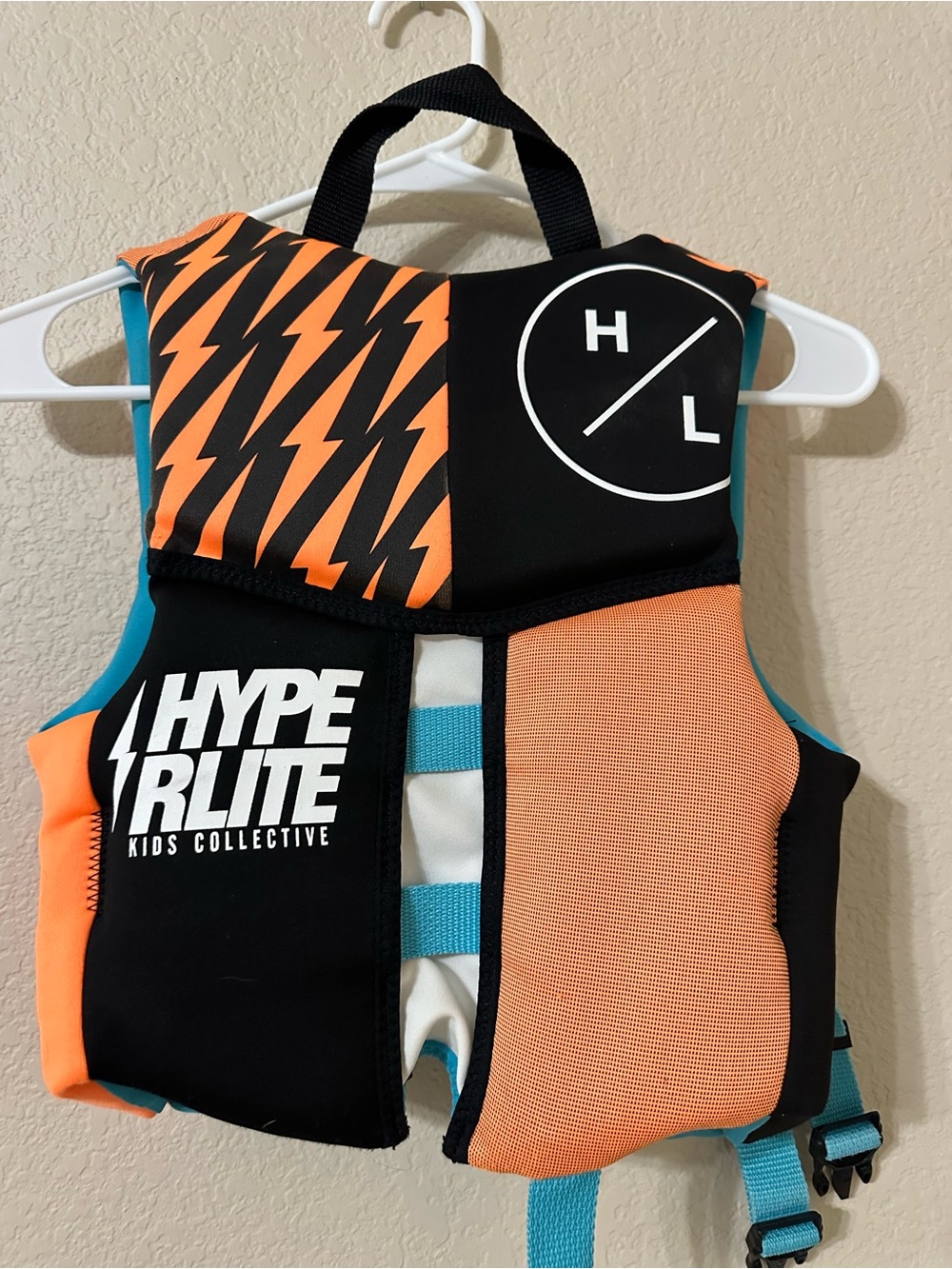 HYPERLITE Kids Life Vest - Orange, Teal & Black - 33 to 55lbs - Picture 2 of 6